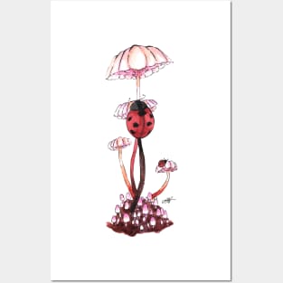 Ladybug climbing pink mushrooms Watercolour Painting Posters and Art